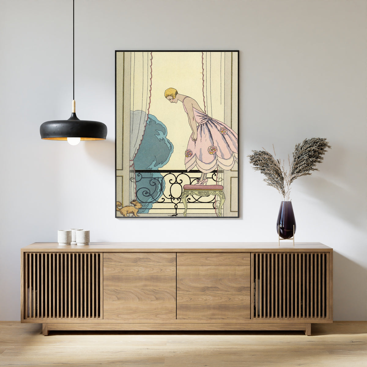 La Souris by George Barbier — framed above a slatted wood sideboard