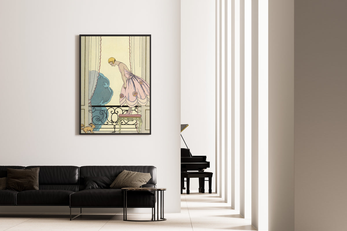La Souris by George Barbier — framed on the wall of a minimal living room