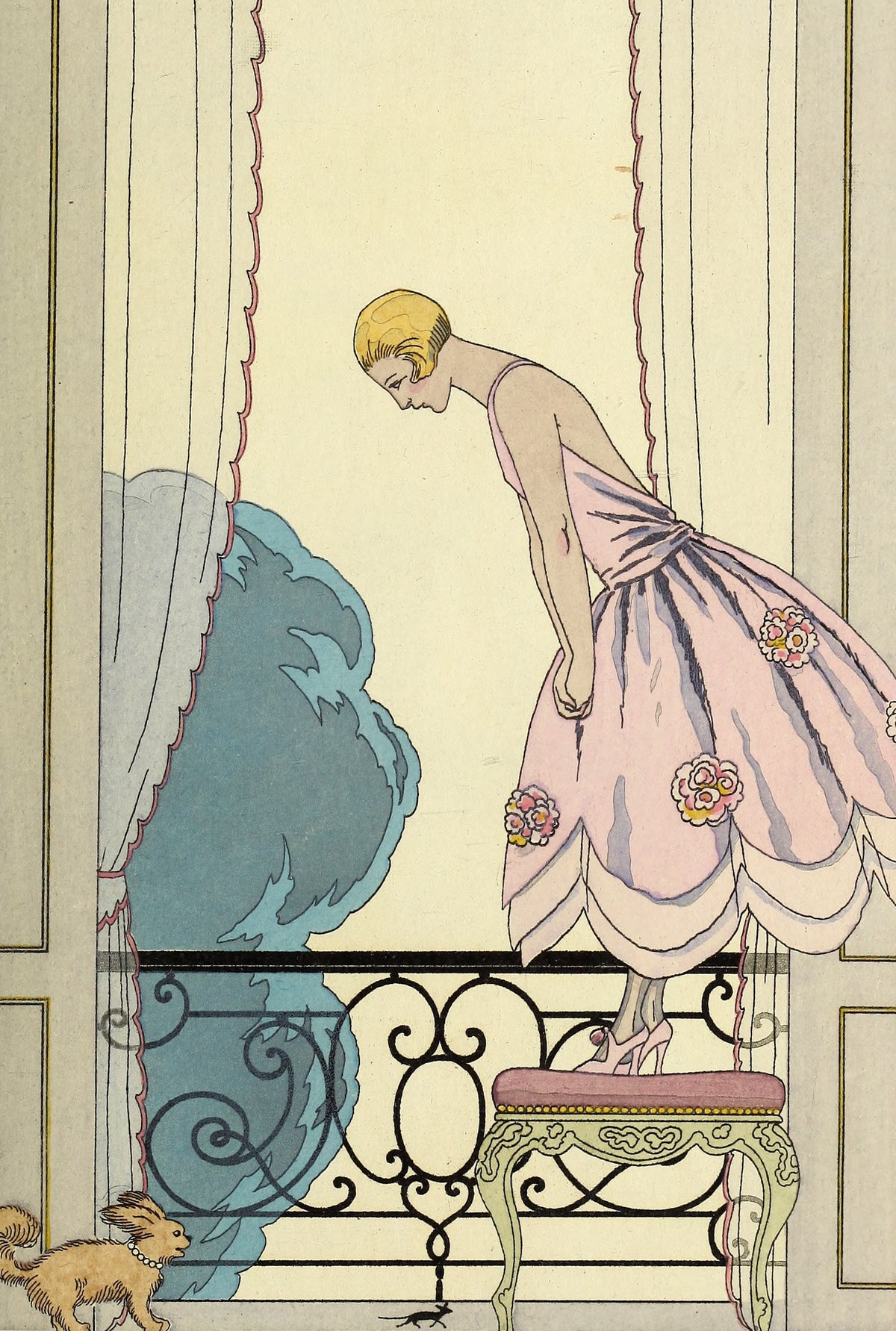 La Souris by George Barbier — A floral gown stands atop a stool as a small dog meets a mouse below