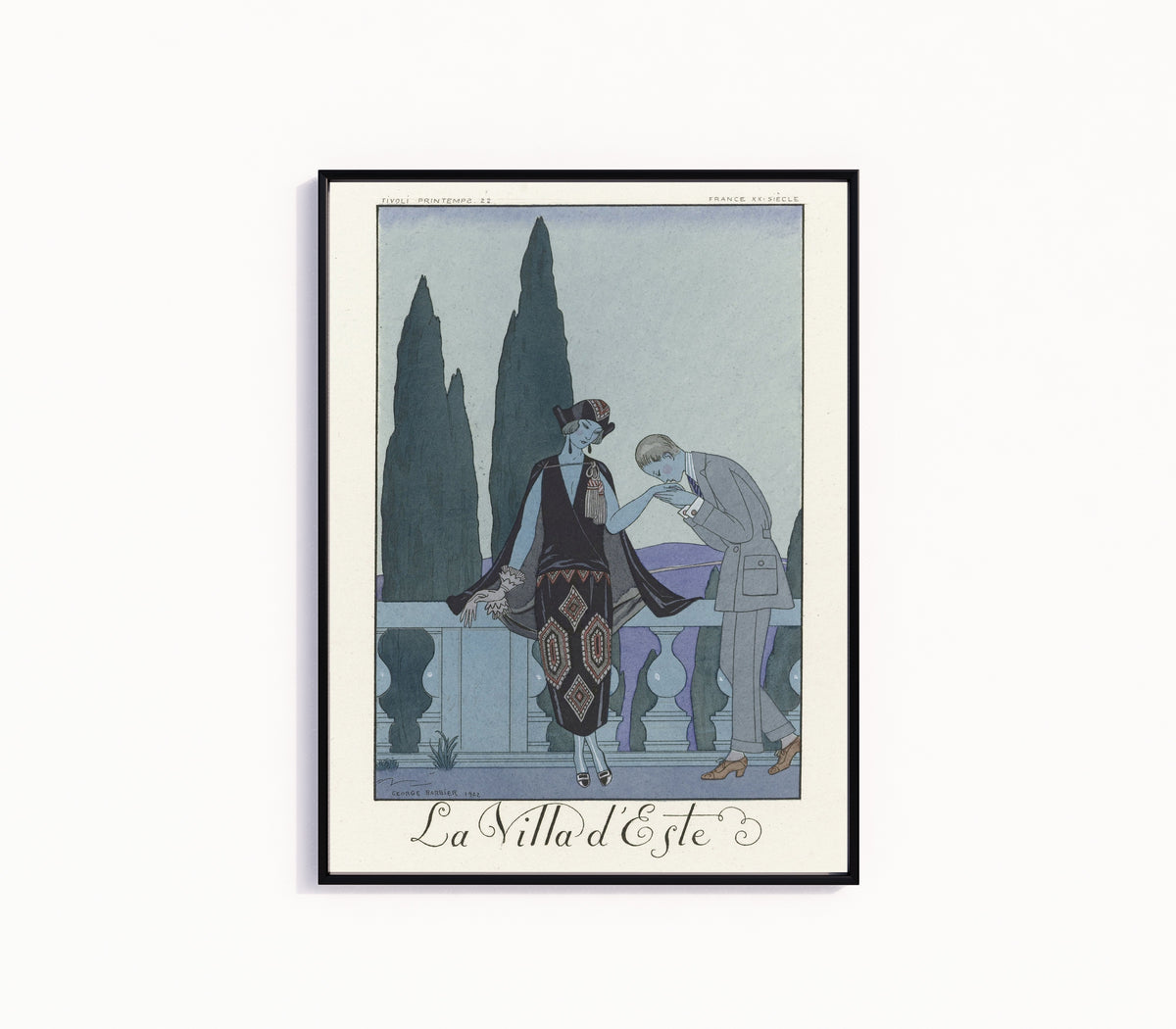 Framed art print of La Villa d'Este by George Barbier, in a slim black frame on a plain white wall