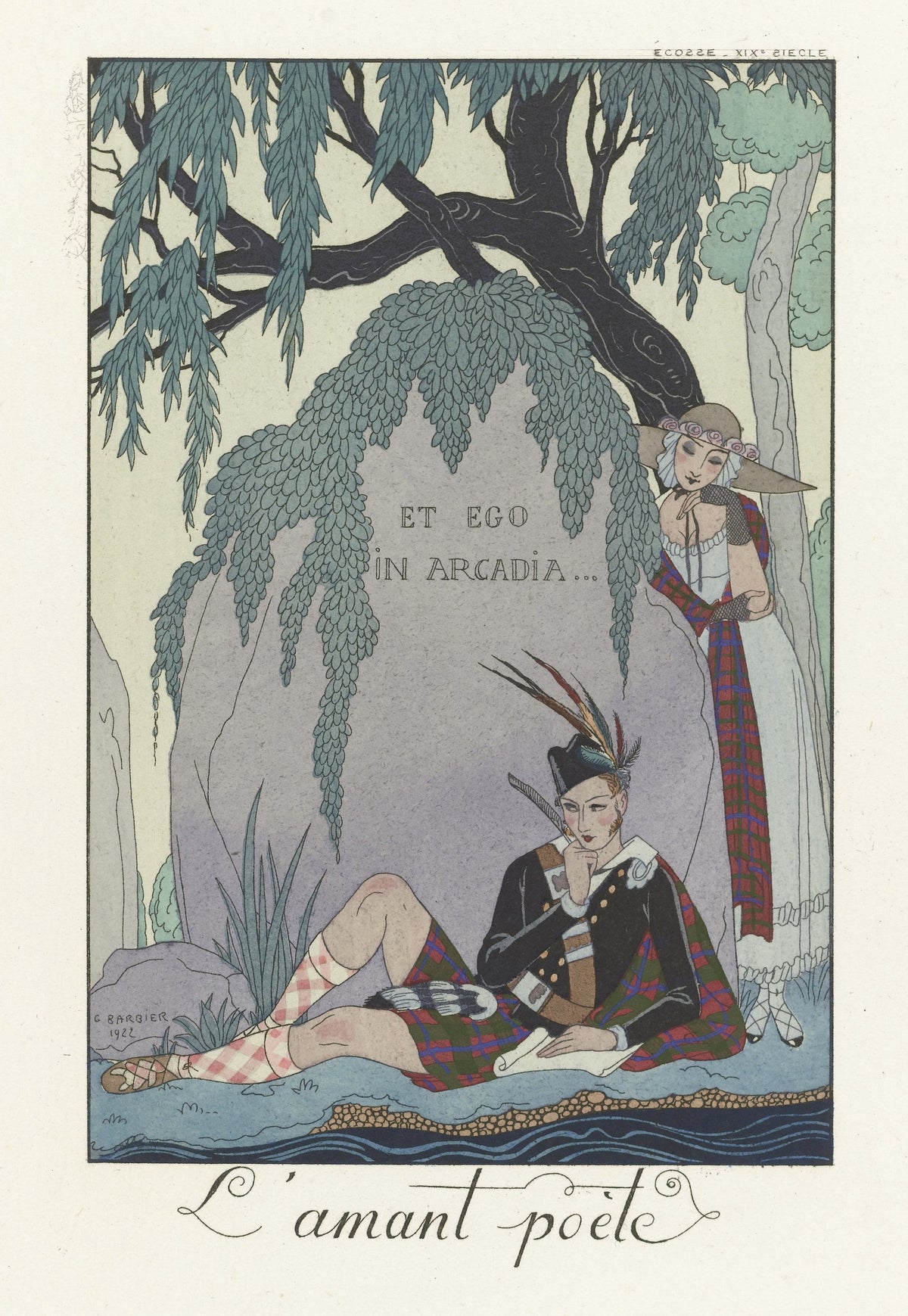 L'Amant poète by George Barbier — A tartan-clad poet muses with a quill beneath a willow