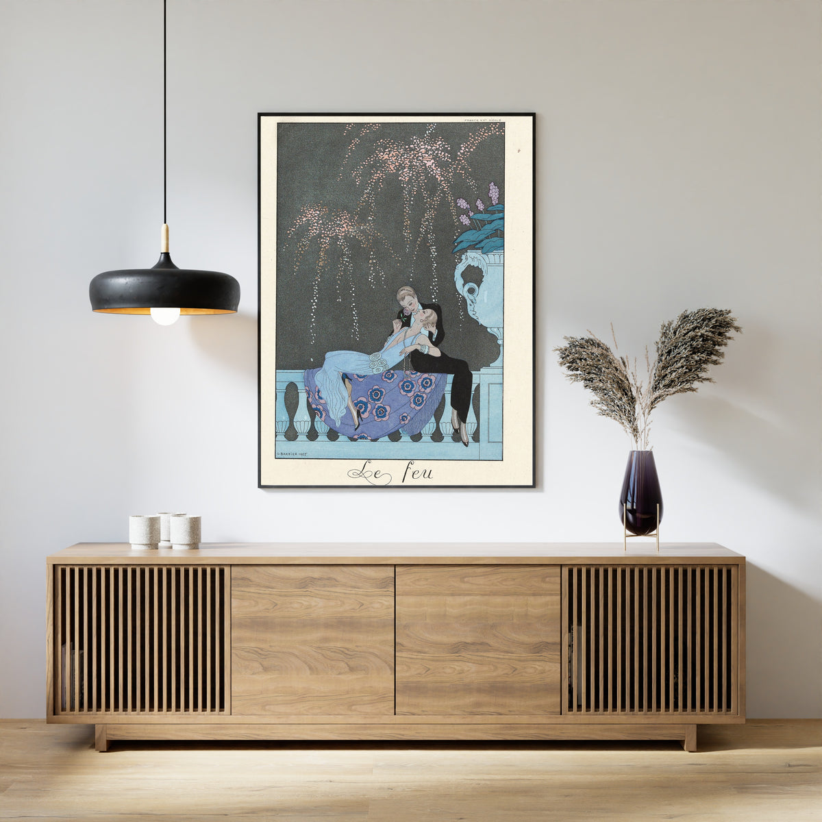 Le Feu by George Barbier — framed above a slatted wood sideboard