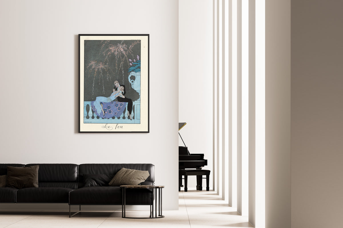 Le Feu by George Barbier — framed on the wall of a minimal living room