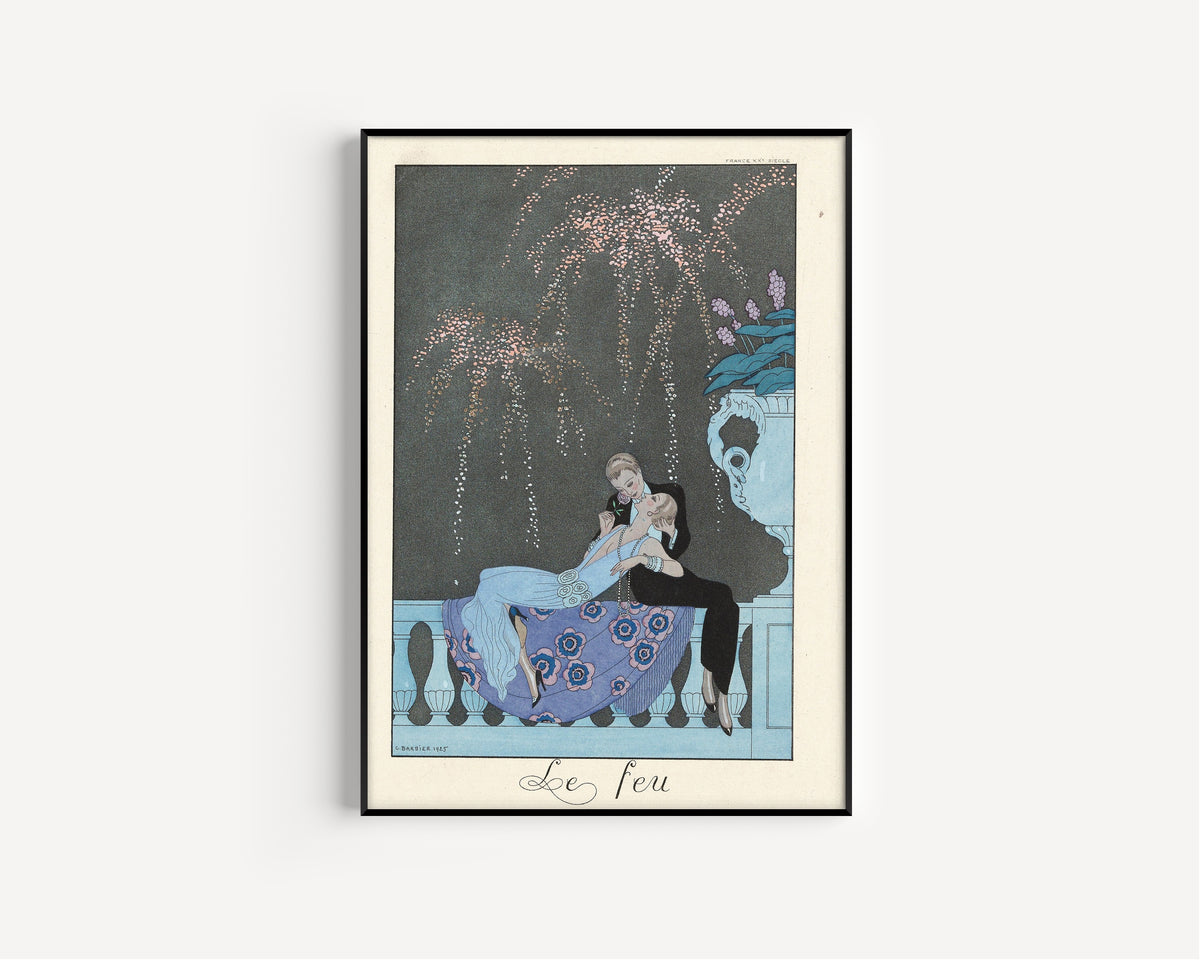 Le Feu by George Barbier — in a slim black frame on a plain white wall