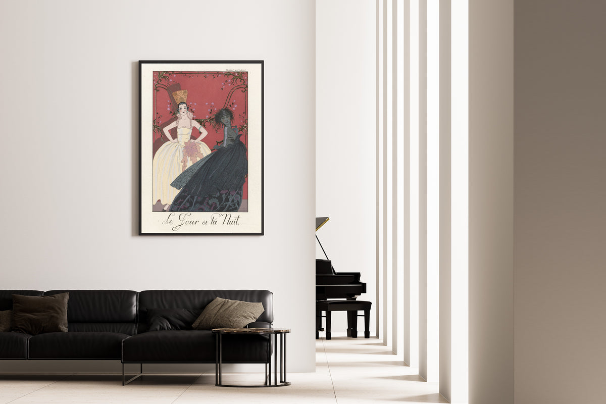 Le Jour et la Nuit by George Barbier — framed on the wall of a minimal living room