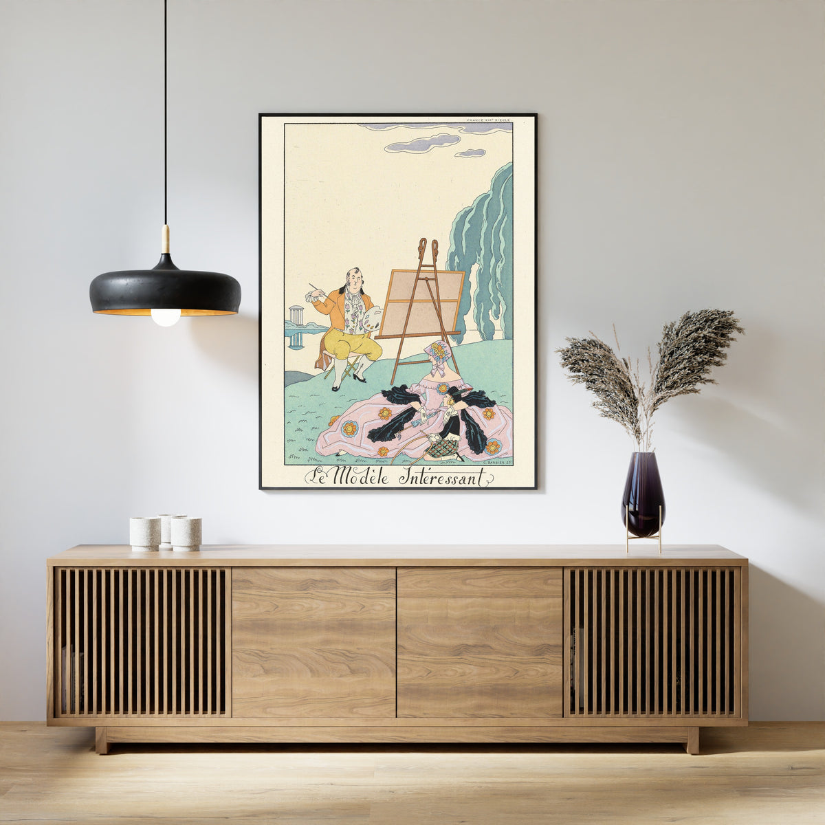 Le Modèle intéressant by George Barbier — framed above a slatted wood sideboard