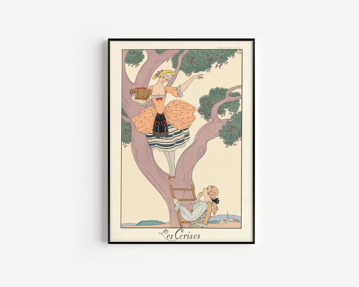 Les Cerises by George Barbier — in a slim black frame on a plain white wall