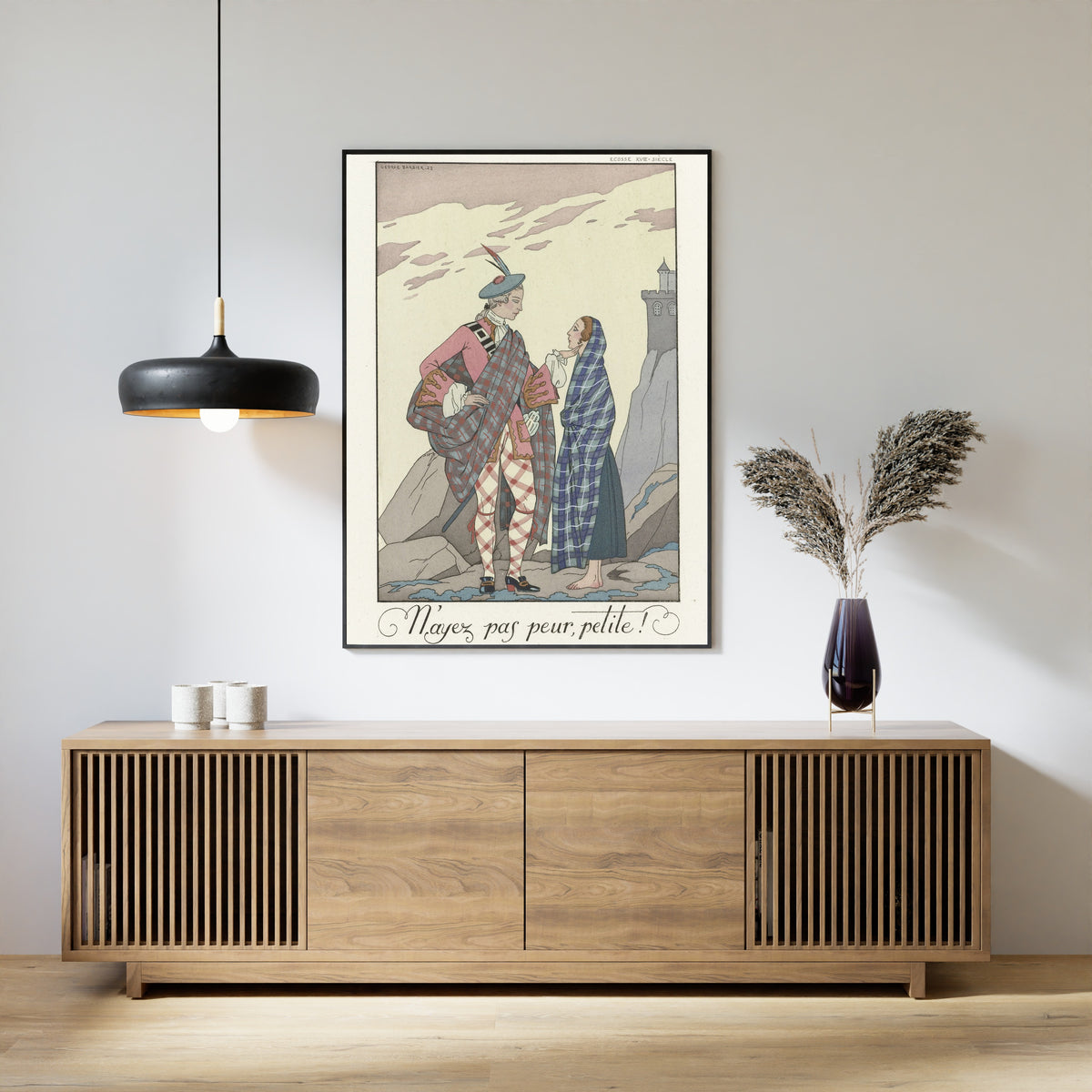 N'ayez pas peur, petite! by George Barbier — framed above a slatted wood sideboard