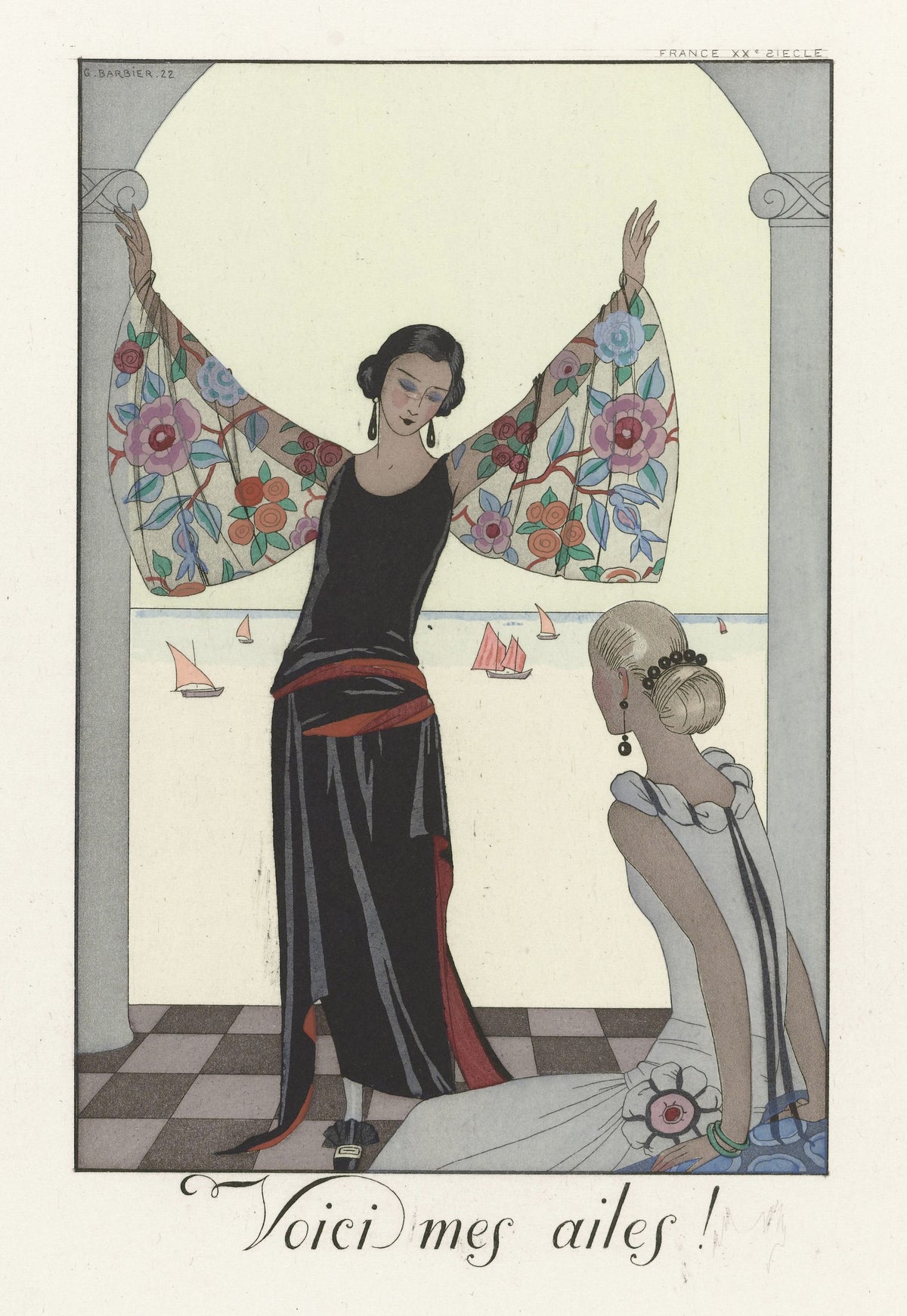 Voici mes ailes! by George Barbier — A woman spreads a floral shawl like wings beneath an archway