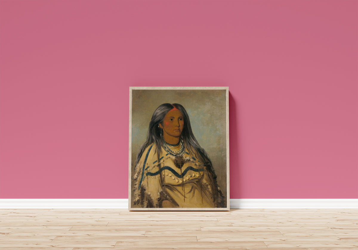 Framed art print of Sha-kó-ka, Mint, a Pretty Girl by George Catlin, in a light wood frame leaning on a pink wall above a wooden floor
