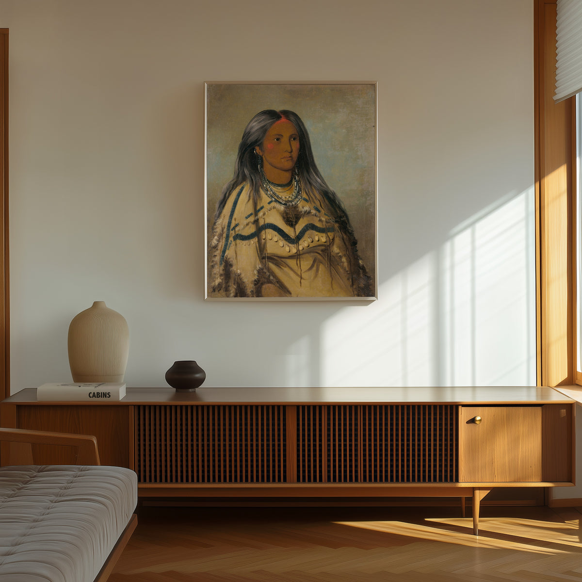 Framed art print of Sha-kó-ka, Mint, a Pretty Girl by George Catlin, in a thin light frame on a sunlit wall above a wooden sideboard