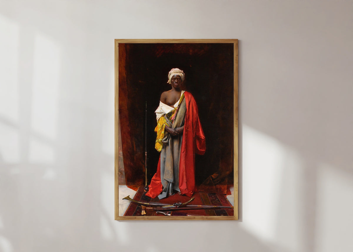 Framed art print of A Consecration of Arms by George Seymour, in a light wood frame on a sunlit white wall