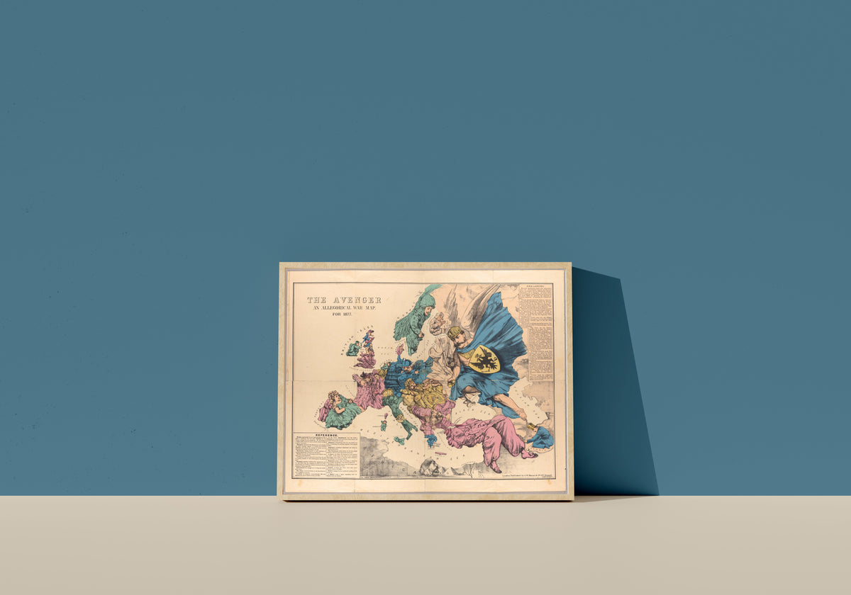 Framed art print of The Avenger: An Allegorical War Map for 1877 by George Washington Bacon, in a light wood frame leaning on a blue wall