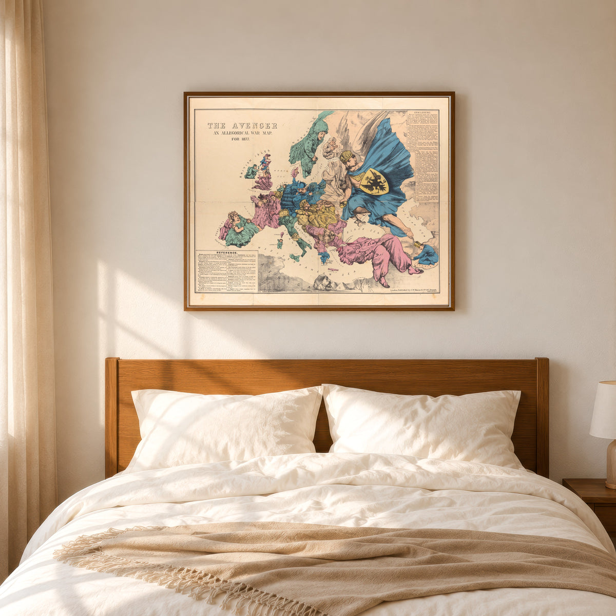 Framed art print of The Avenger: An Allegorical War Map for 1877 by George Washington Bacon, in a slim wood frame above a bed in a sunlit bedroom