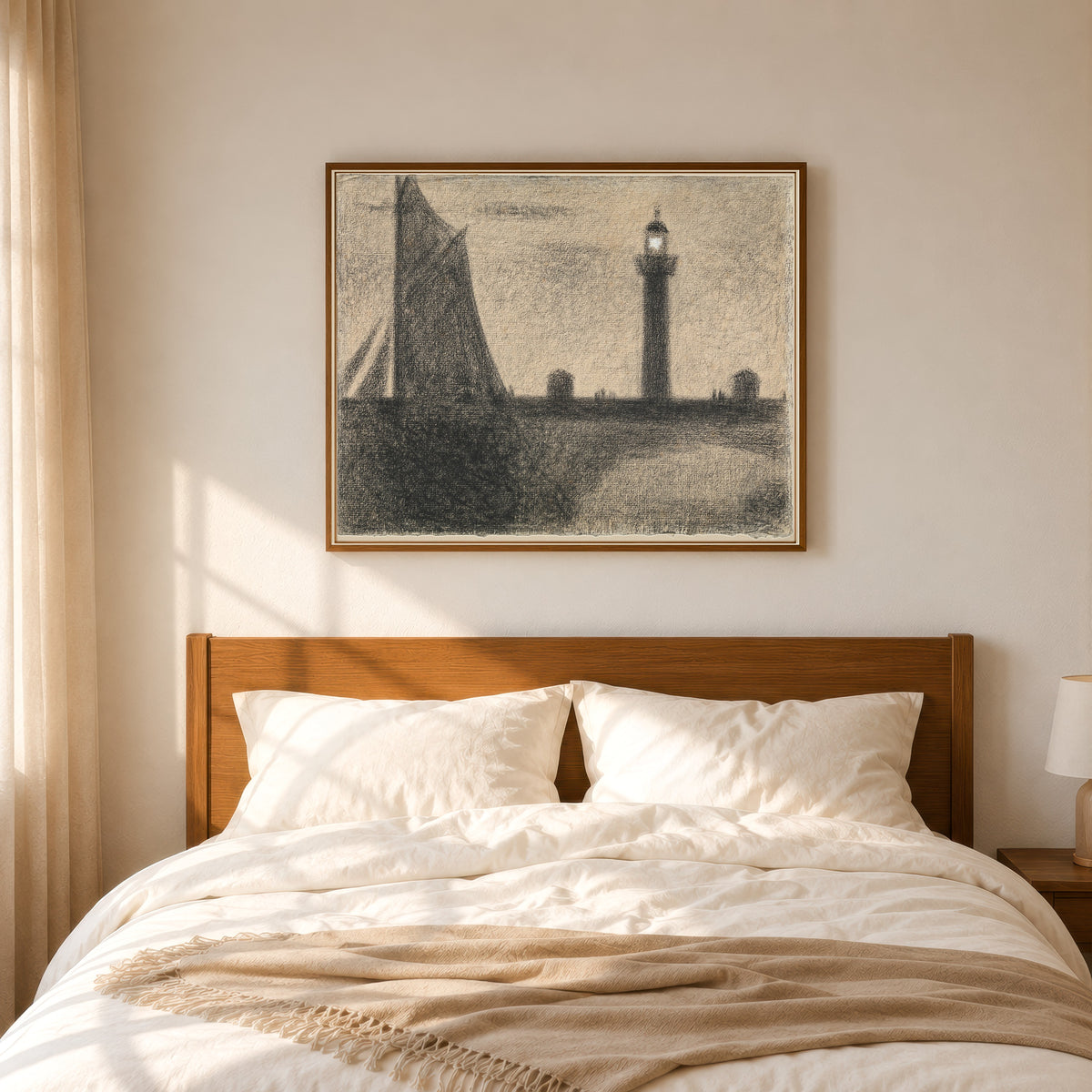 Framed art print of The Lighthouse at Honfleur (Dark Sail) by Georges Seurat, in a slim wood frame above a bed in a sunlit bedroom