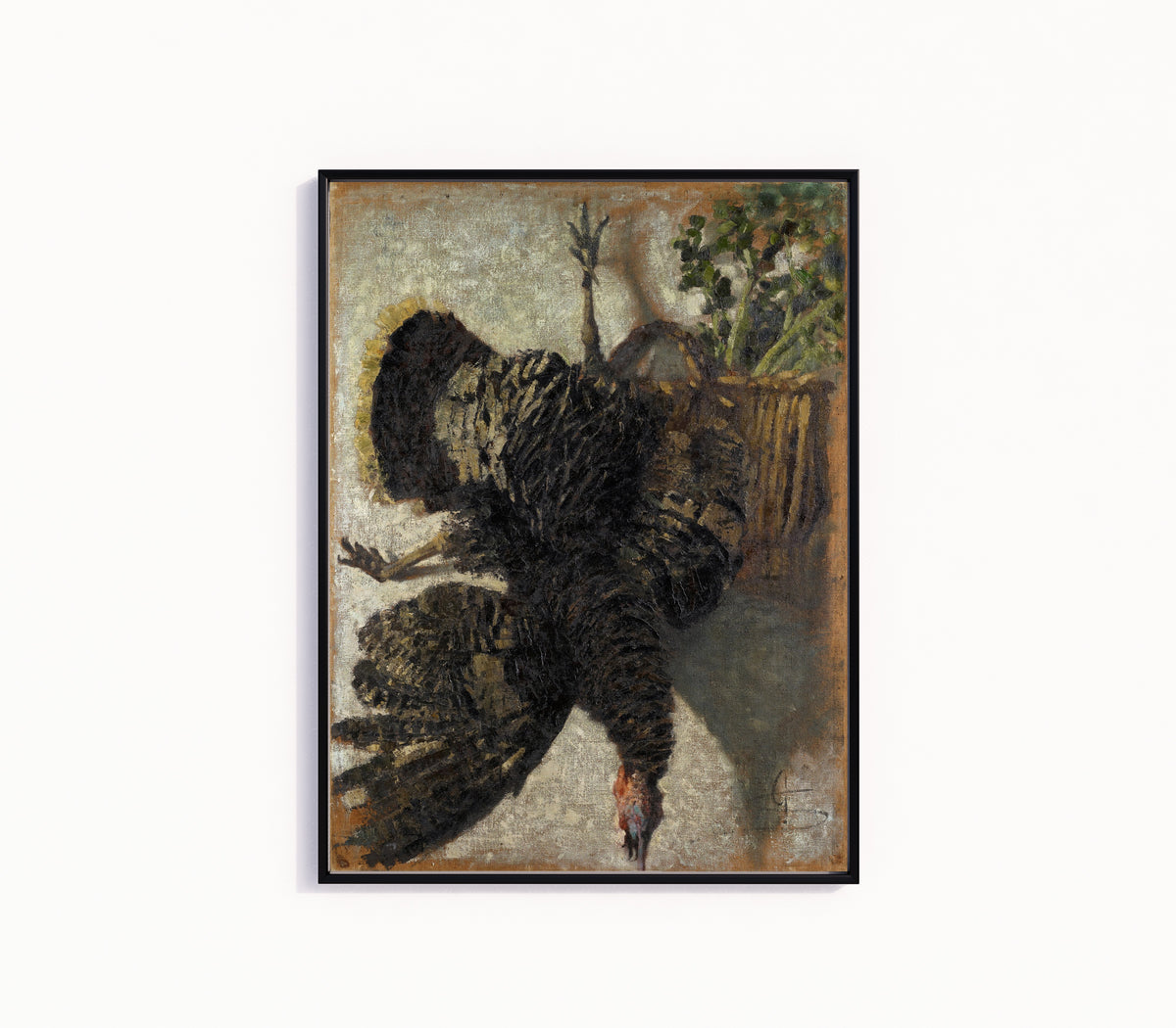 Framed art print of Suspended Turkey by Giovanni Segantini, in a slim black frame on a plain white wall