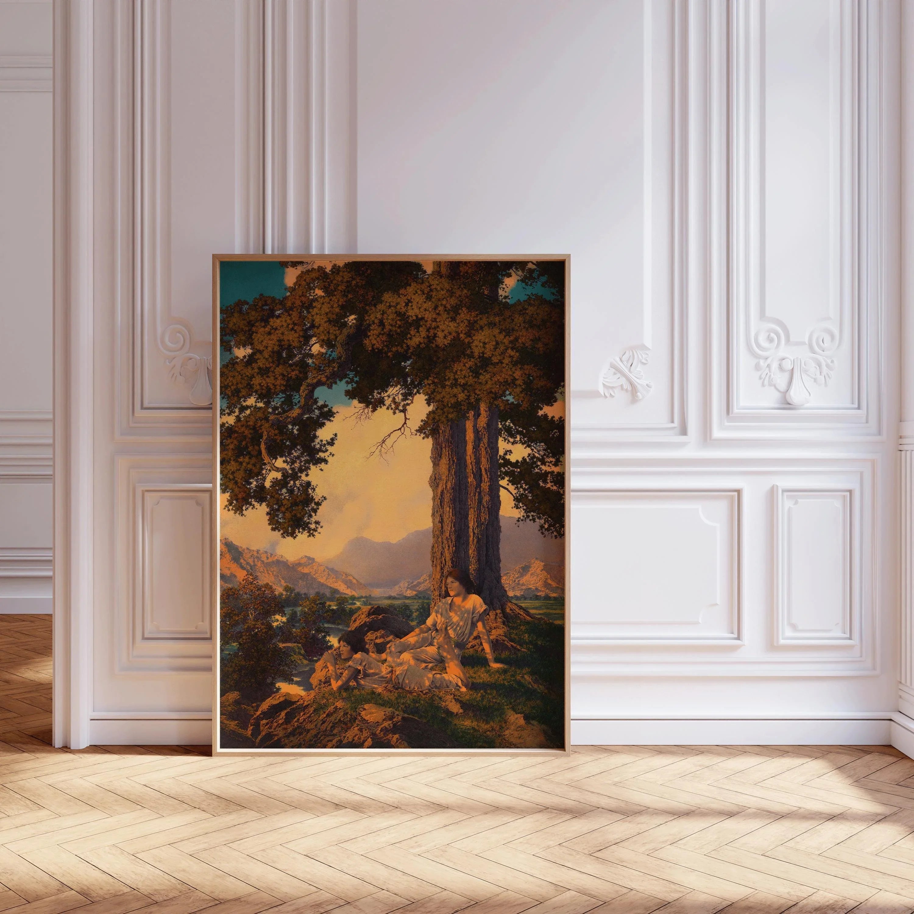 Golden Reverie on the Hilltop | A Dreamy, Light - Drenched Maxfield Parrish Masterpiece | Vintage Art Print