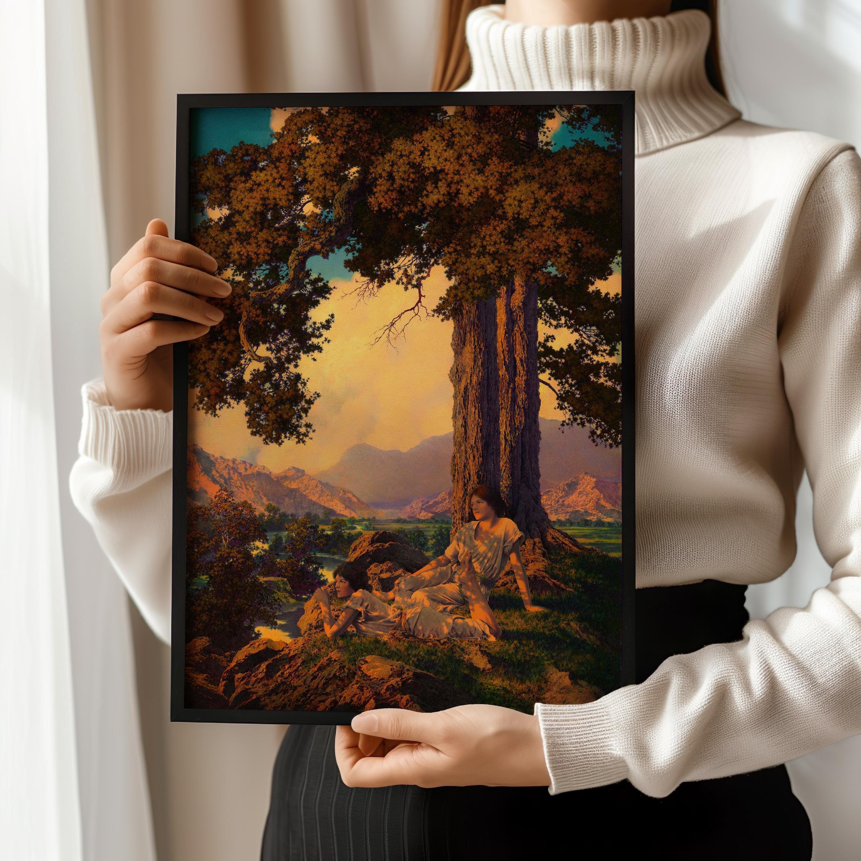 Golden Reverie on the Hilltop | A Dreamy, Light - Drenched Maxfield Parrish Masterpiece | Vintage Art Print