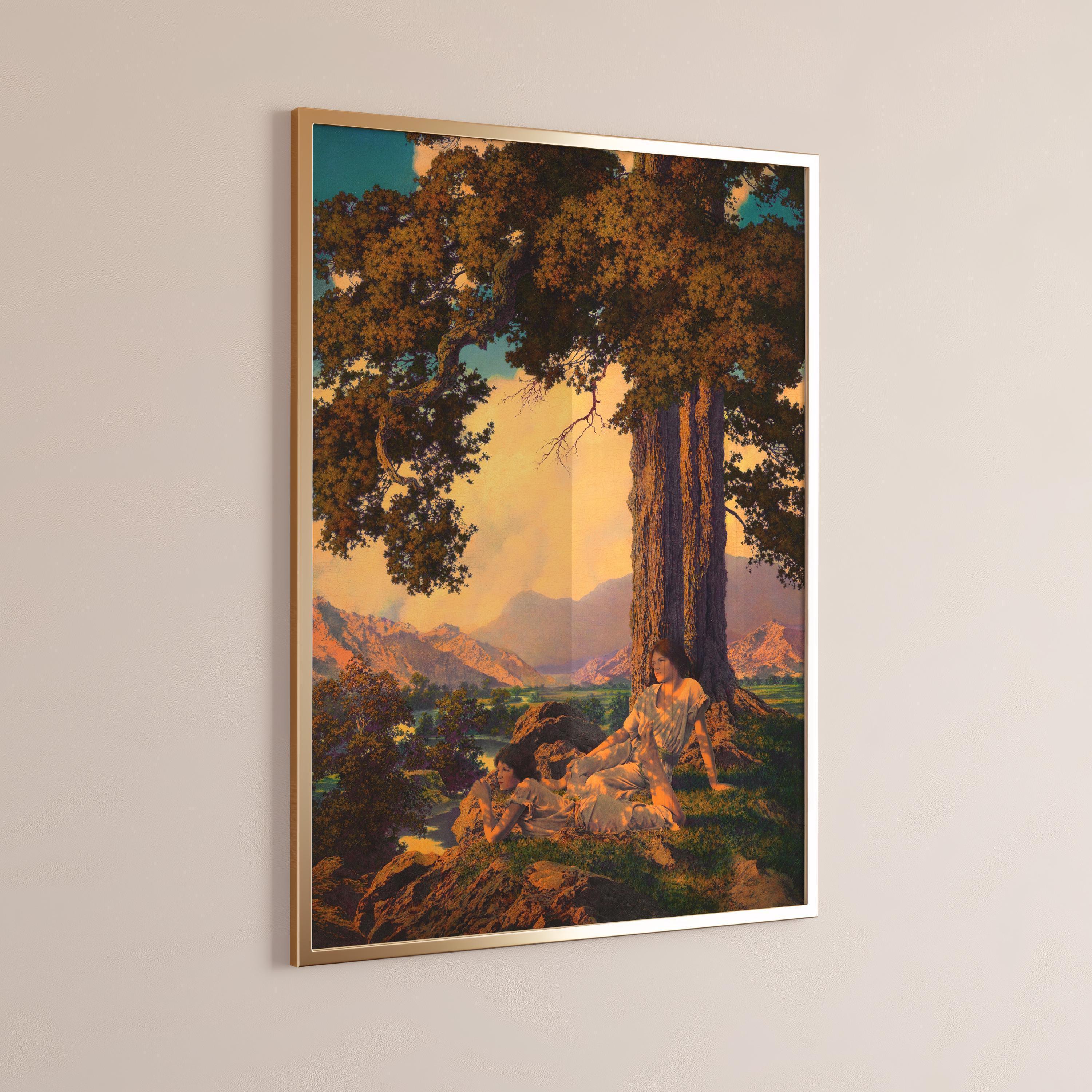 Golden Reverie on the Hilltop | A Dreamy, Light - Drenched Maxfield Parrish Masterpiece | Vintage Art Print