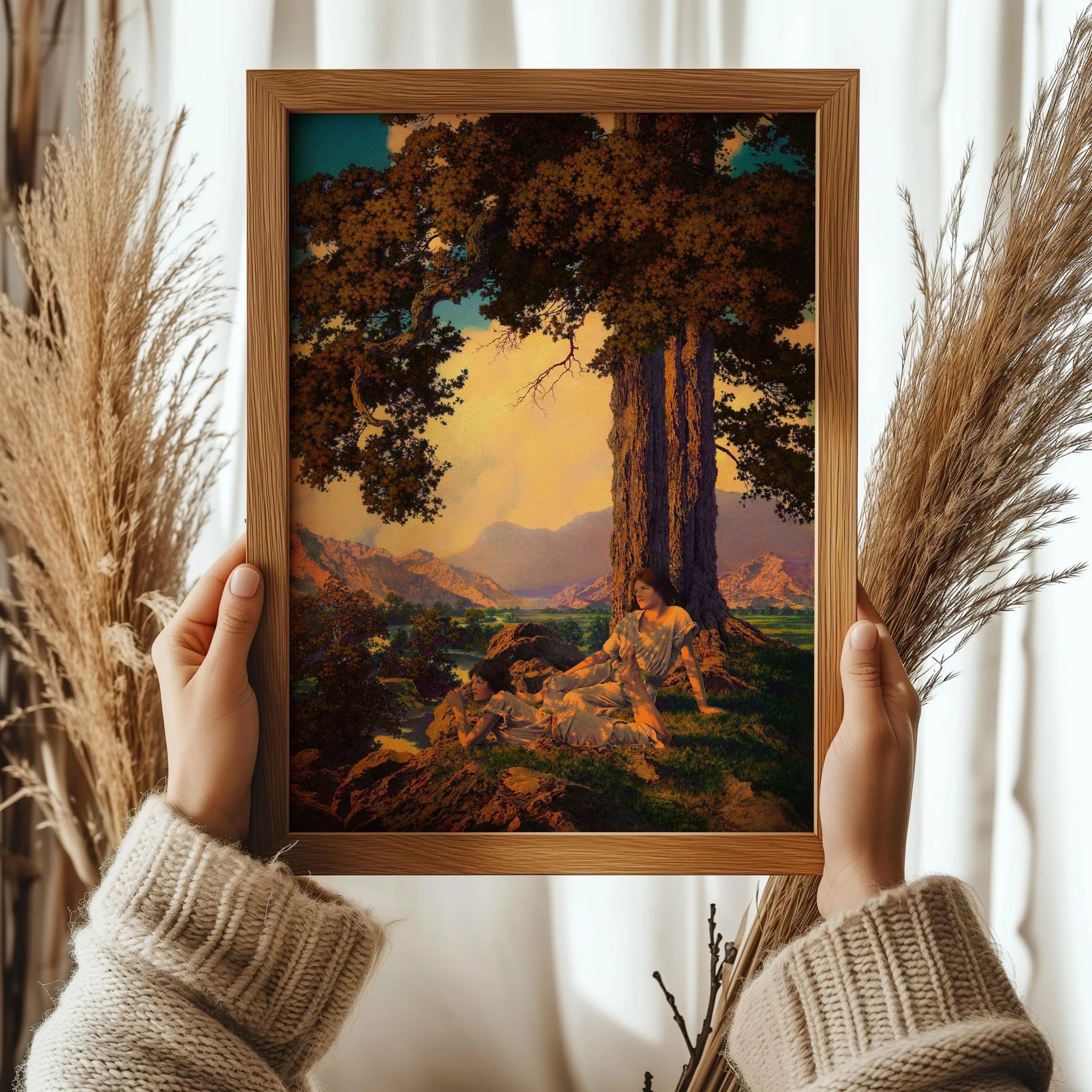 Golden Reverie on the Hilltop | A Dreamy, Light - Drenched Maxfield Parrish Masterpiece | Vintage Art Print