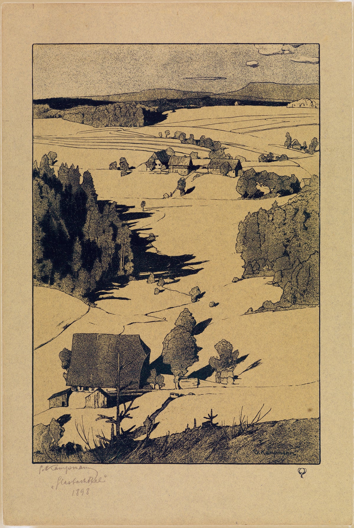Glasbachthal by Gustav Kampmann — A quiet farm valley rendered in fine pen hatching