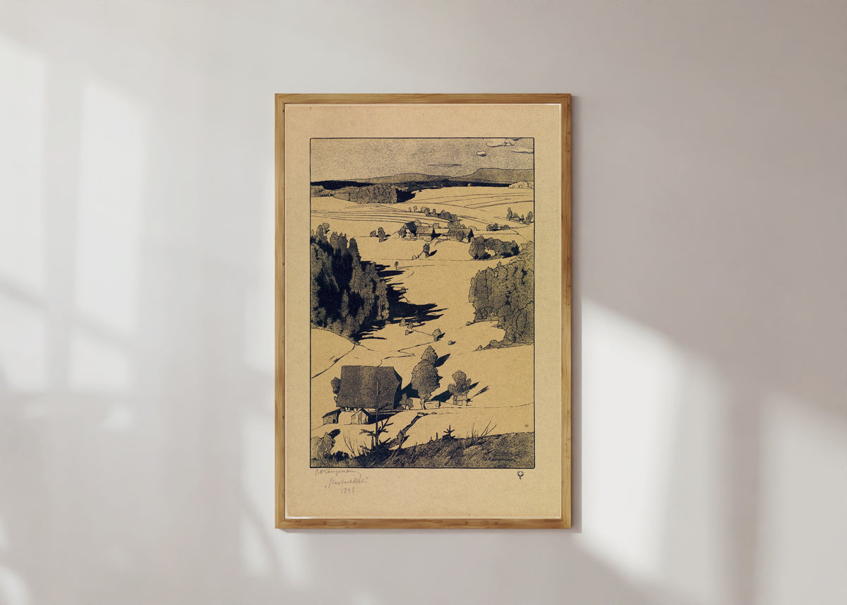 Framed art print of Glasbachthal by Gustav Kampmann, in a light wood frame on a sunlit white wall