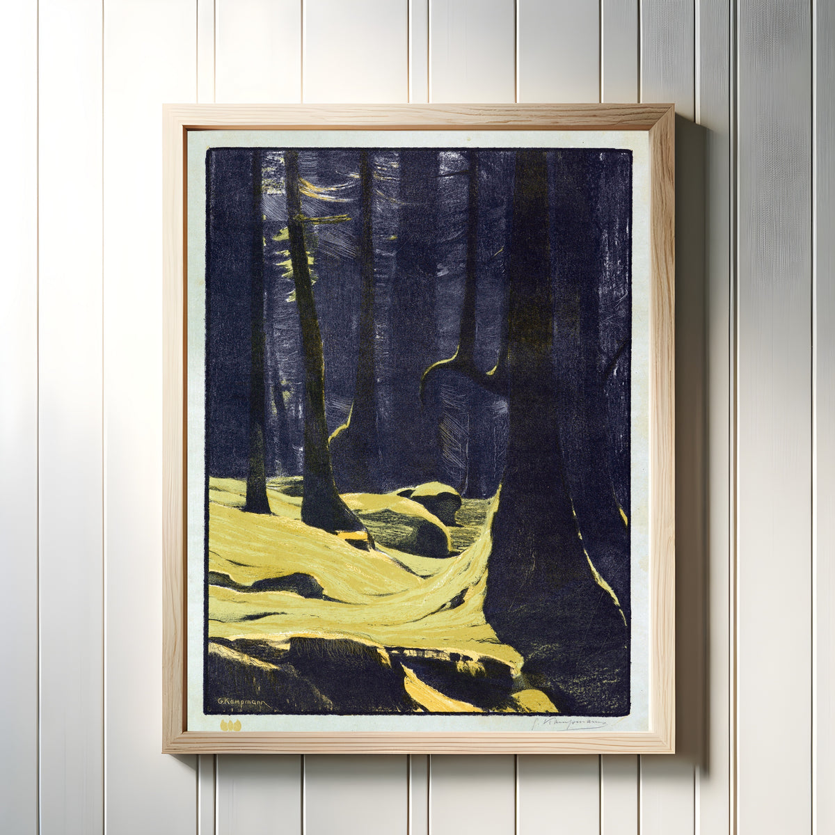 Framed art print of Mooswald by Gustav Kampmann, in a light wood frame on a white panelled wall