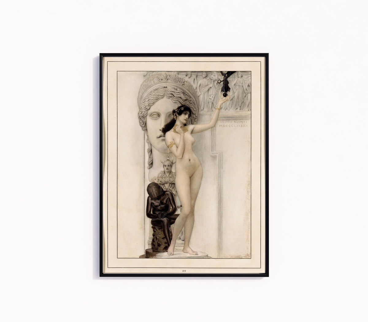 Framed art print of Allegory of Sculpture by Gustav Klimt, in a slim black frame on a plain white wall