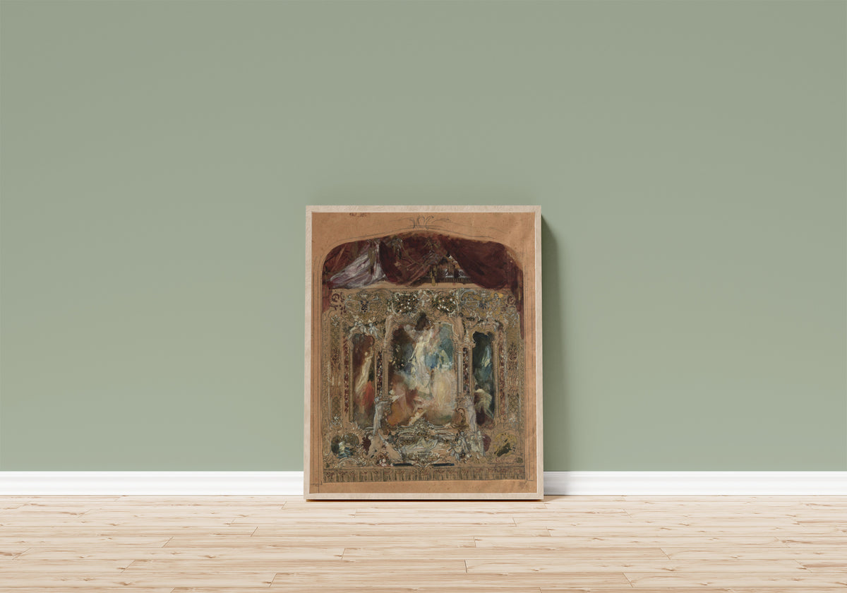 Framed art print of Design for the Theatre Curtain in Reichenberg by Gustav Klimt, in a light wood frame leaning on a sage green wall above a wooden floor