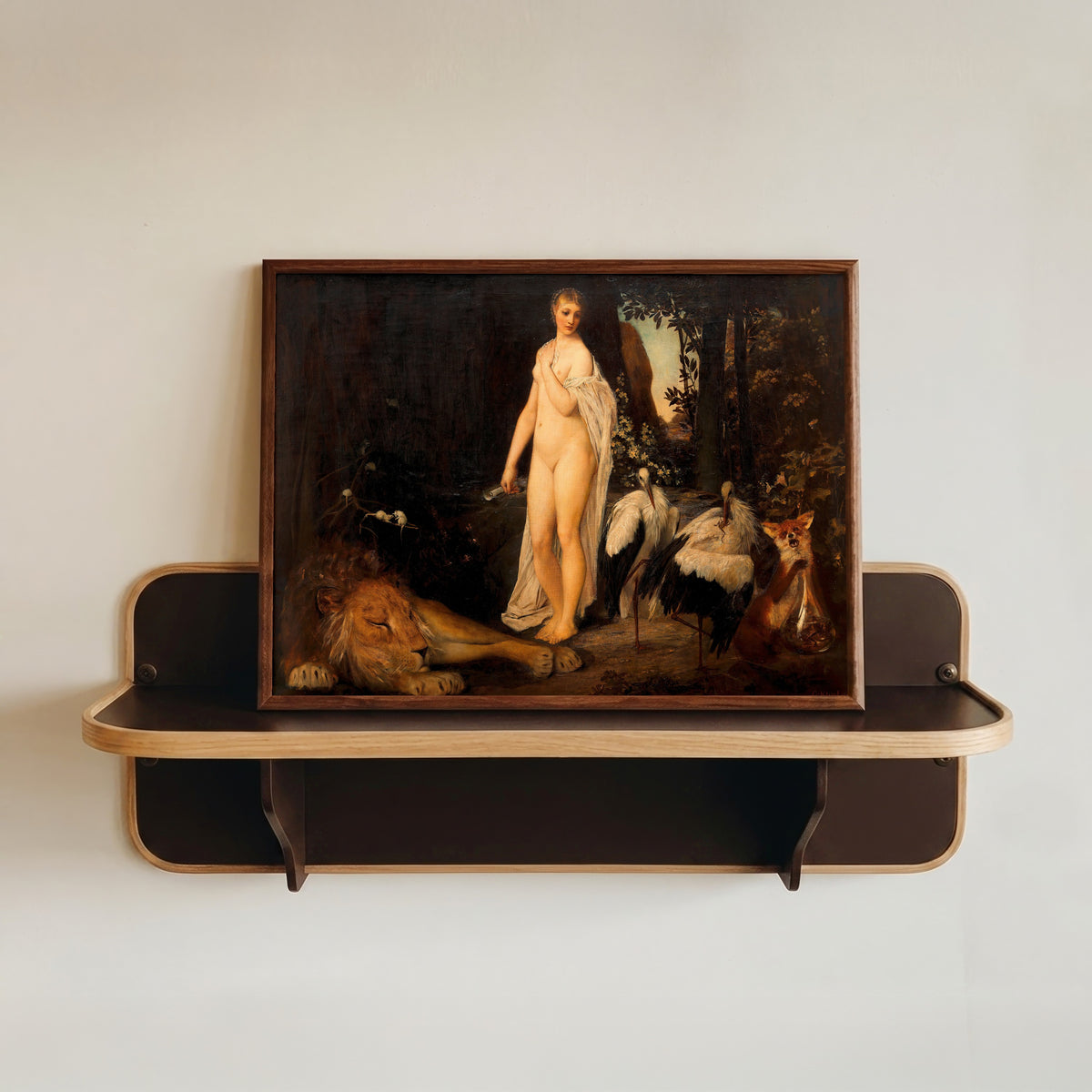 Framed art print of Fable (Fabel) by Gustav Klimt, in a dark wood frame resting on a wall shelf
