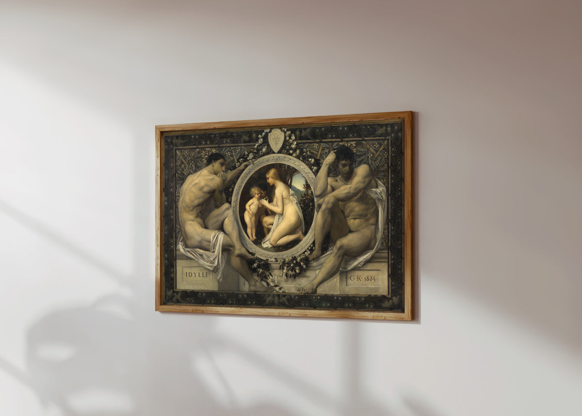 Framed art print of Idyll (Idylle) by Gustav Klimt, in a light wood frame on a sunlit white wall, seen at a slight angle