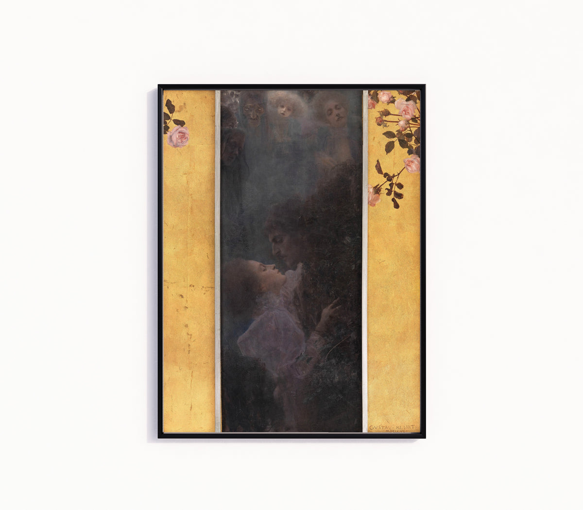 Framed art print of Love (Liebe) by Gustav Klimt, in a slim black frame on a plain white wall