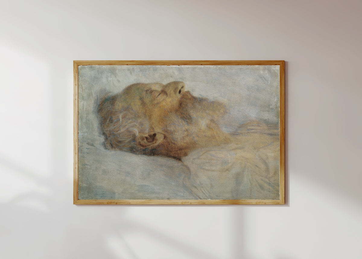 Framed art print of Old Man on his Deathbed (Alter Mann auf dem Totenbett) by Gustav Klimt, in a light wood frame on a sunlit white wall