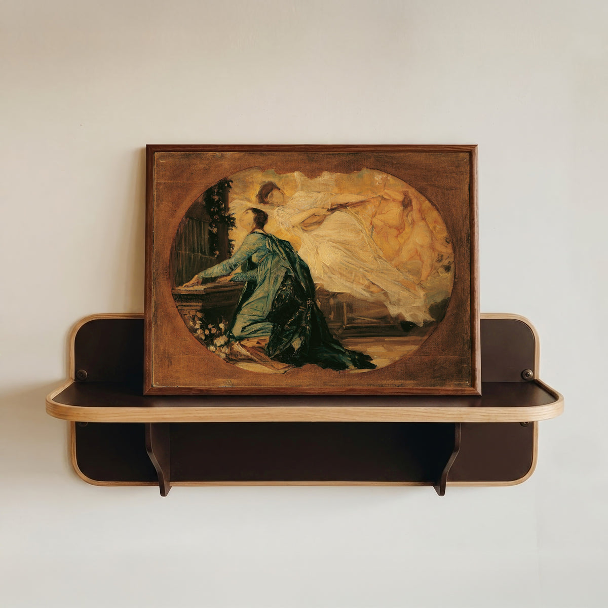 Framed art print of Organ Player (Allegory of Church Music) by Gustav Klimt, in a dark wood frame resting on a wall shelf