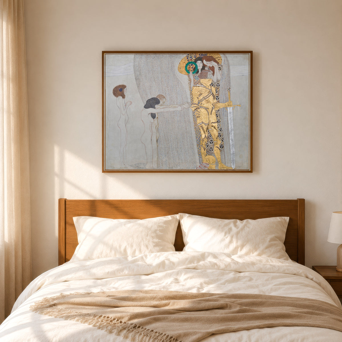 Framed art print of The Suffering of Weak Mankind (Beethoven Frieze) by Gustav Klimt, in a slim wood frame above a bed in a sunlit bedroom