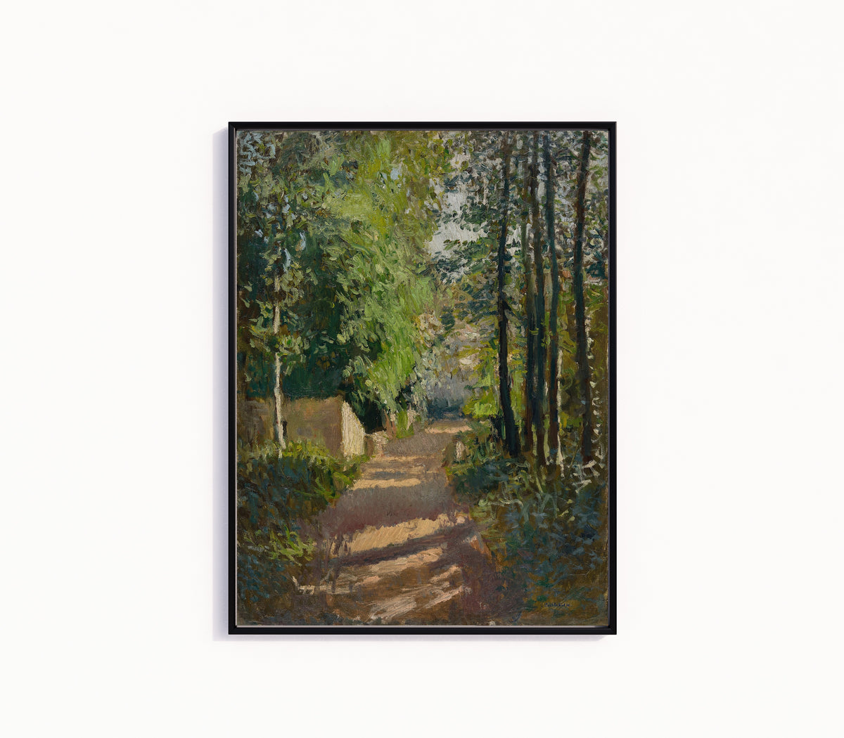 Framed art print of Allée sous-bois, en Normandie by Gustave Caillebotte, in a slim black frame on a plain white wall