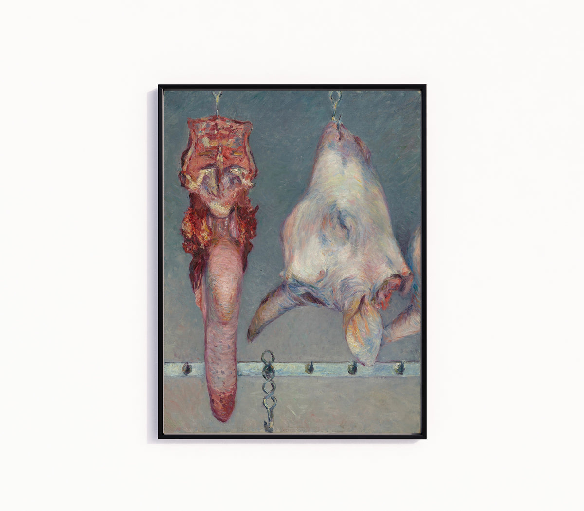 Framed art print of Calf's Head and Ox Tongue by Gustave Caillebotte, in a slim black frame on a plain white wall