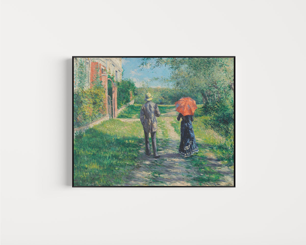 Framed art print of Couple on a Walk (Chemin montant) by Gustave Caillebotte, in a slim black frame on a plain white wall
