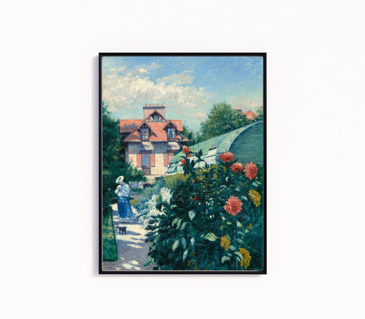 Framed art print of Dahlias, Garden at Petit Gennevilliers by Gustave Caillebotte, in a slim black frame on a plain white wall