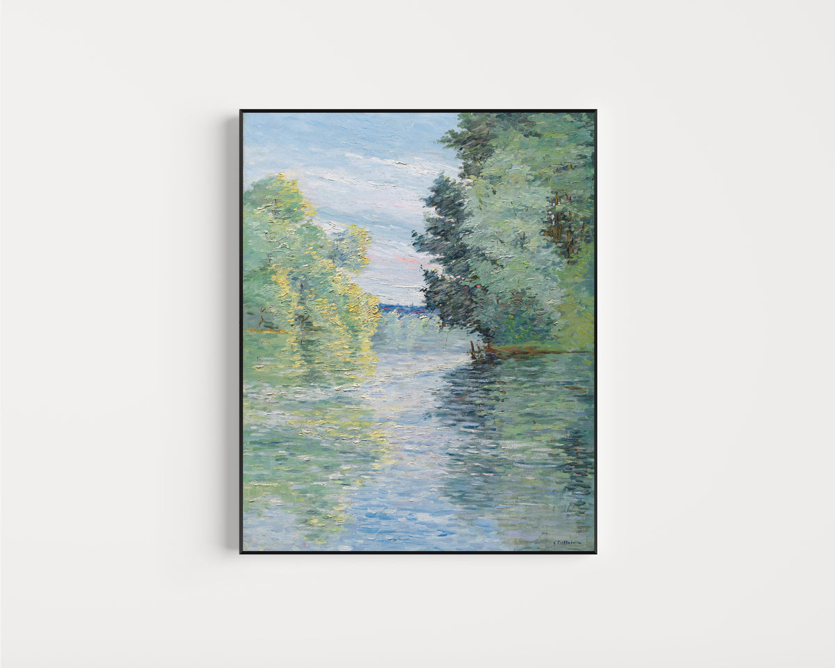 Framed art print of Le Petit bras de la Seine à Argenteuil by Gustave Caillebotte, in a slim black frame on a plain white wall