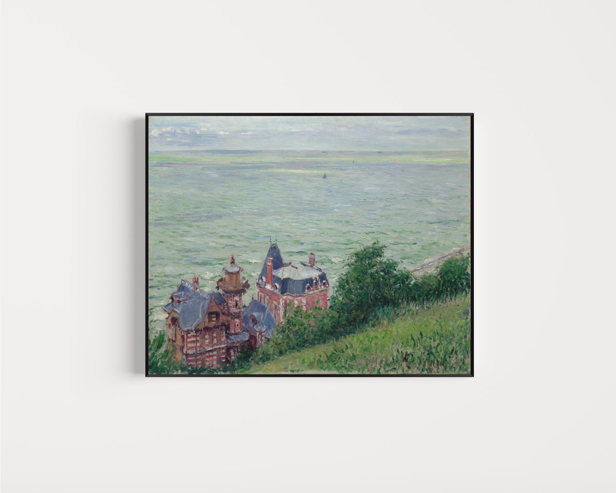 Framed art print of Villas at Trouville by Gustave Caillebotte, in a slim black frame on a plain white wall