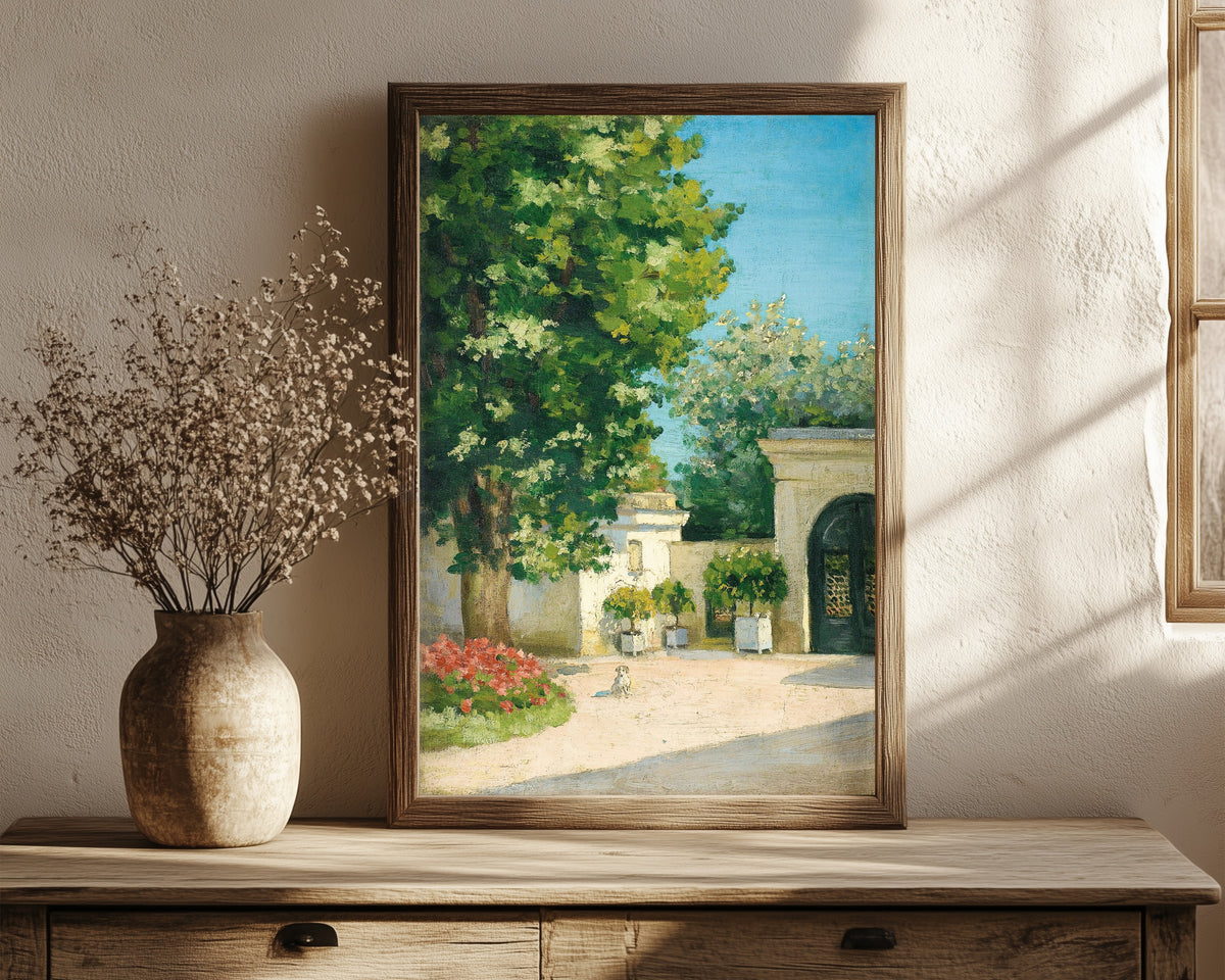 Framed art print of Yerres. De l'exèdre, le porche de la demeure… by Gustave Caillebotte, in a dark wood frame leaning on a rustic console beside dried flowers