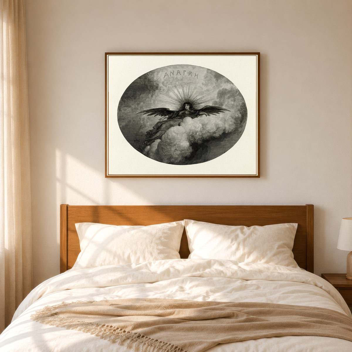Framed art print of Anagke (title vignette) by Gustave Doré, in a slim wood frame above a bed in a sunlit bedroom