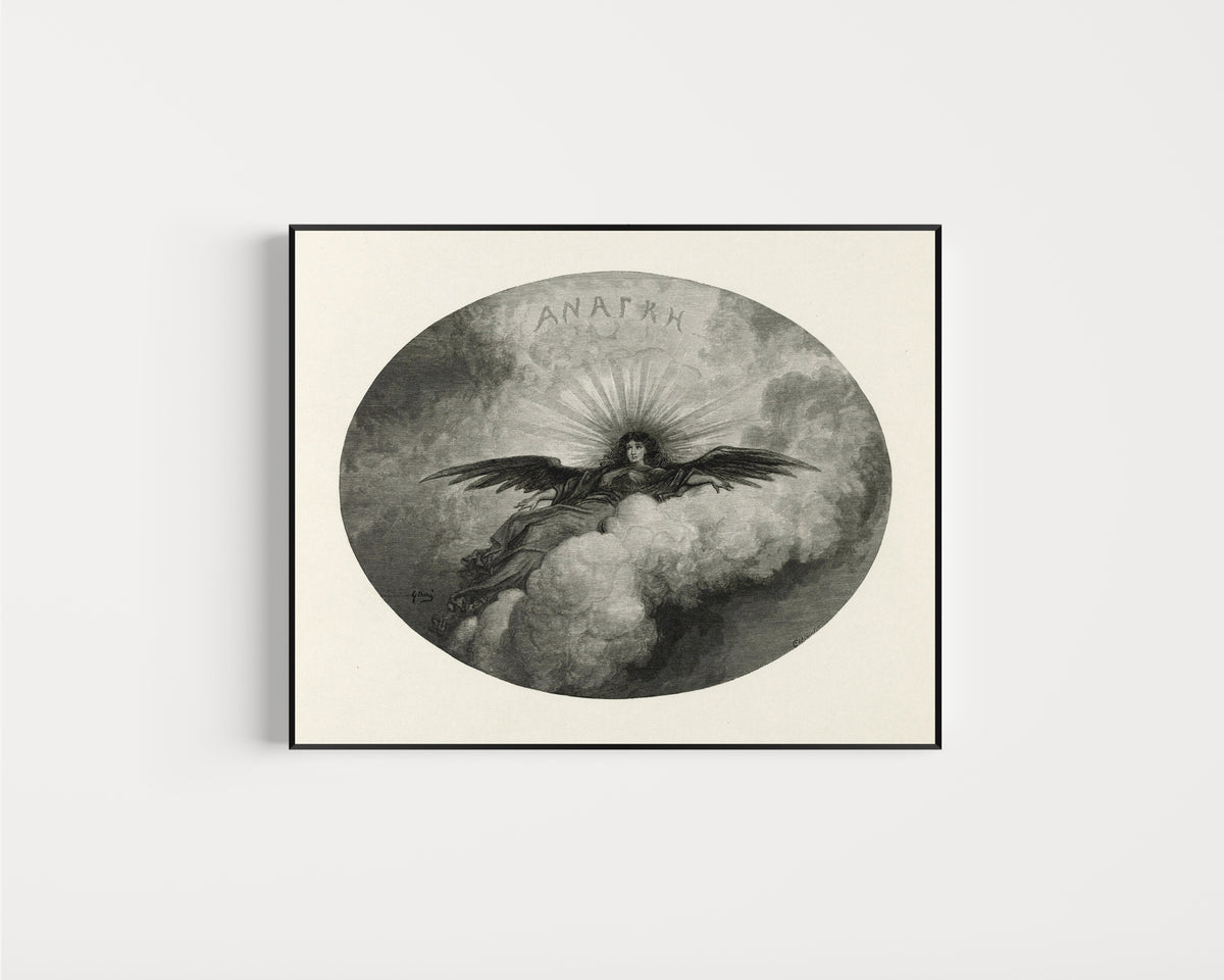 Framed art print of Anagke (title vignette) by Gustave Doré, in a slim black frame on a plain white wall