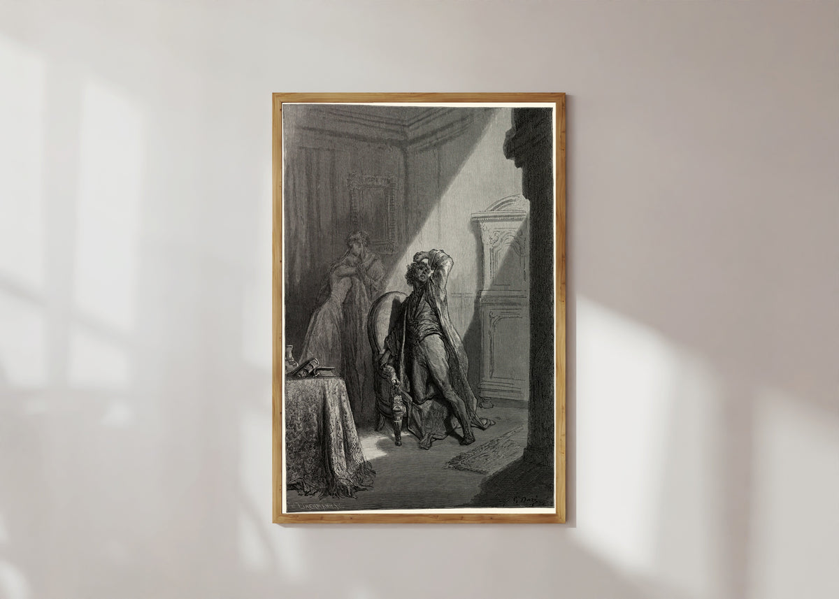 Framed art print of Be that word our sign of parting, bird or fiend! by Gustave Doré, in a light wood frame on a sunlit white wall