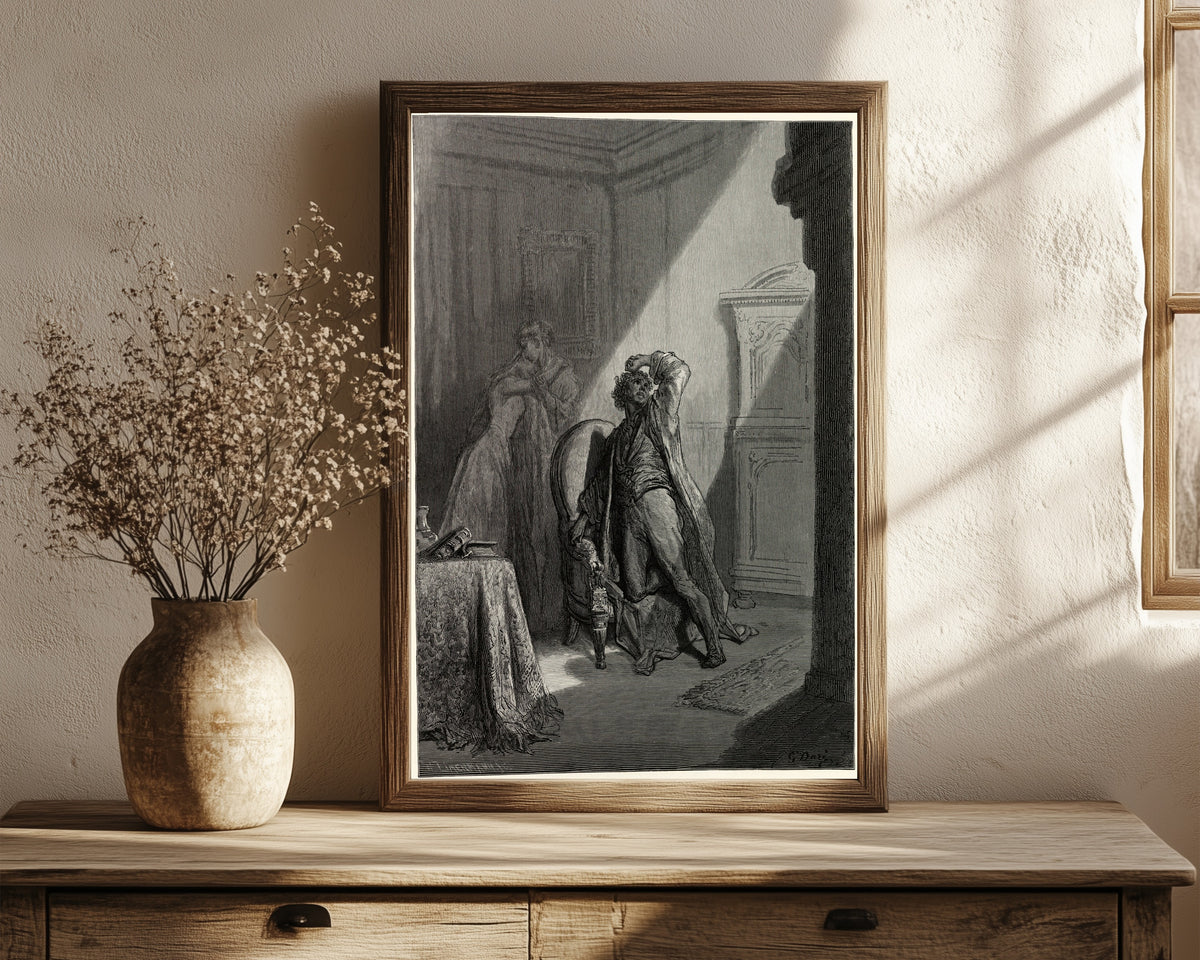 Framed art print of Be that word our sign of parting, bird or fiend! by Gustave Doré, in a dark wood frame leaning on a rustic console beside dried flowers