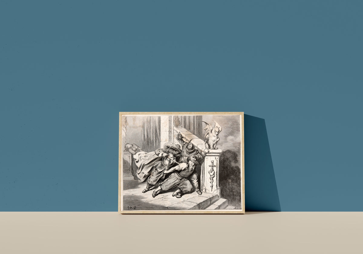 Framed art print of Bluebeard: The Death of Bluebeard by Gustave Doré, in a light wood frame leaning on a blue wall