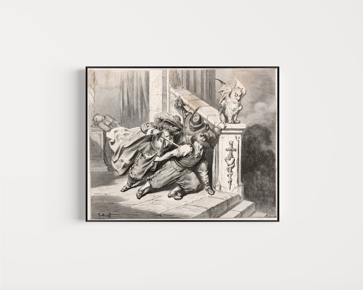 Framed art print of Bluebeard: The Death of Bluebeard by Gustave Doré, in a slim black frame on a plain white wall