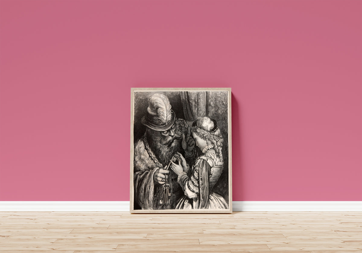 Framed art print of Bluebeard: The Keys by Gustave Doré, in a light wood frame leaning on a pink wall above a wooden floor