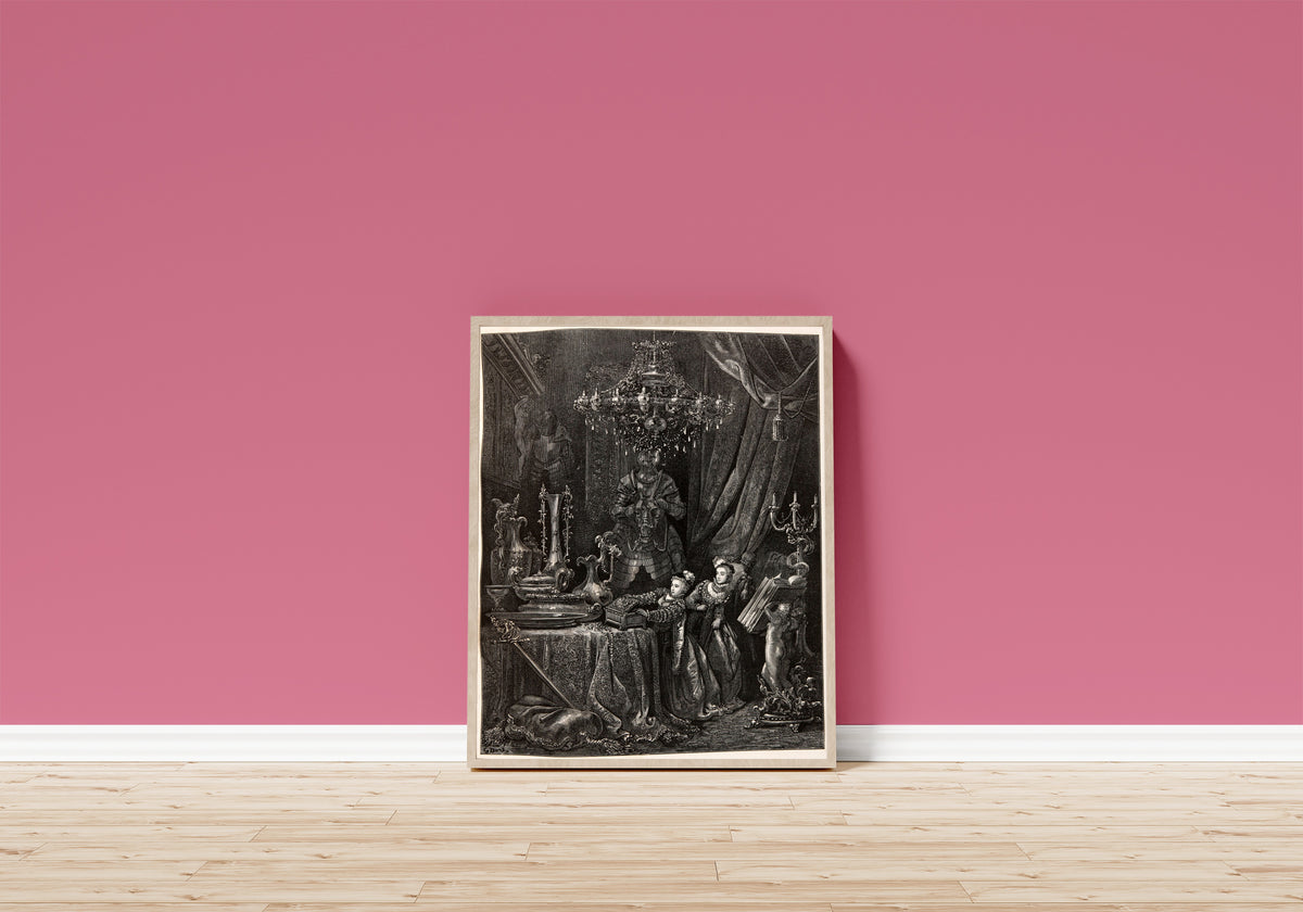 Framed art print of Bluebeard: The Wife Shows Her Friends the Treasures by Gustave Doré, in a light wood frame leaning on a pink wall above a wooden floor